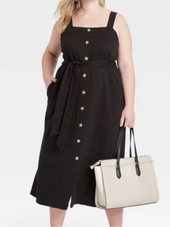Ava & Viv Dresses & Skirts - Ava & Viv Sz 3X Black Faux Button-Front Midi Dress with Tie Waist & Square Neck
